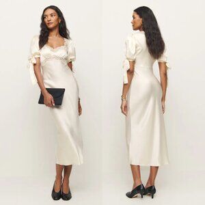 NWT Reformation Stella Midi Silk Dress Sz 6 Ivory Lace Trim Puff Sleeves